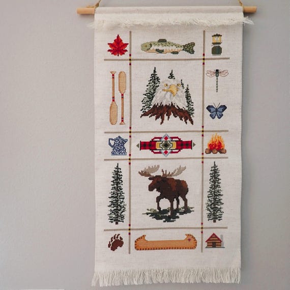 Vintage Camping Cross Stitch Banner Finished Completed Outdoors Nature Cabin Sampler