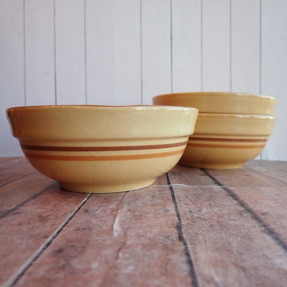 Vintage Pfaltzgraff AMERICA Soup Cereal Bowl Set of 3 Bowls Cream Tan Stoneware Brown Stripes Style 009