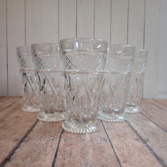 Vintage Imperial Glass CAPE COD Clear Flat Juice Glasses Set of 5 with Diamond and Dot Pattern 4 oz. Glass