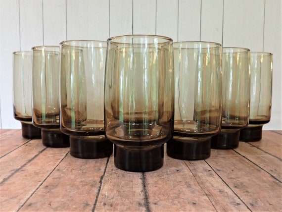 Vintage Libbey Glass TAWNY ACCENT Smoky Brown Tumbler Set of 8 Tumblers Cooler 16 oz. Drinking Glass