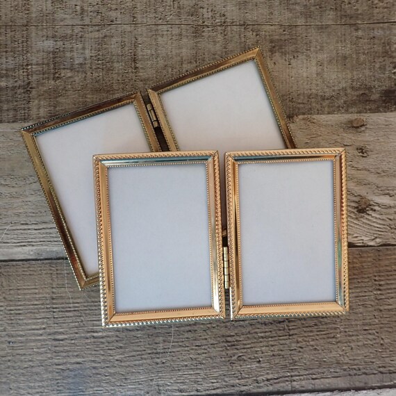 Vintage 2x3 Double Hinged Metal Gold Brass Photo Picture Frame Set of 2 Frames 2" x 3" Different Patterns