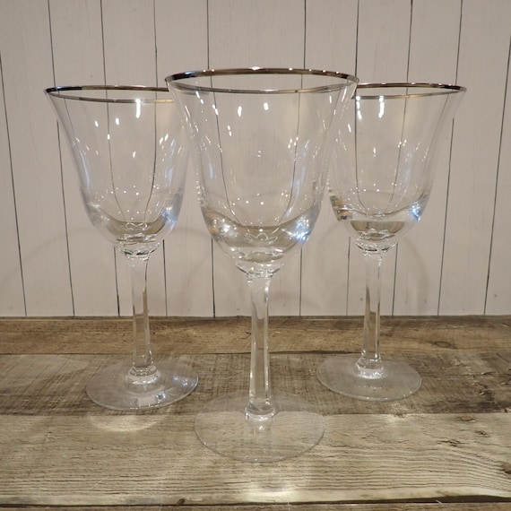 Vintage Lenox MAYWOOD Platinum 7.5" Clear Water Goblet Wine Glass Set of 3 Clear with Silver Rim Marked Lenox