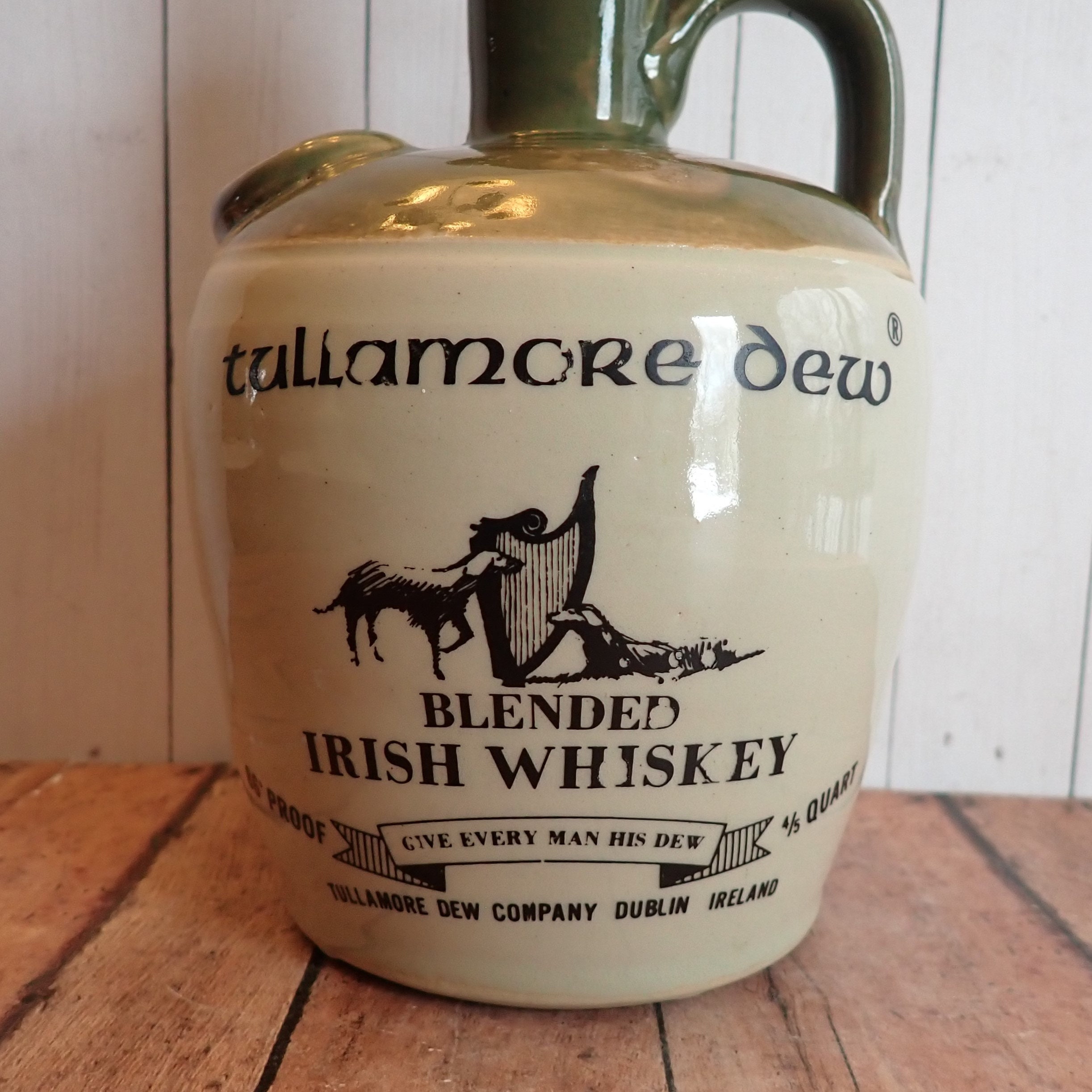 Vintage Tullamore Dew Whiskey Stoneware Jug Bottle with Handle Blended