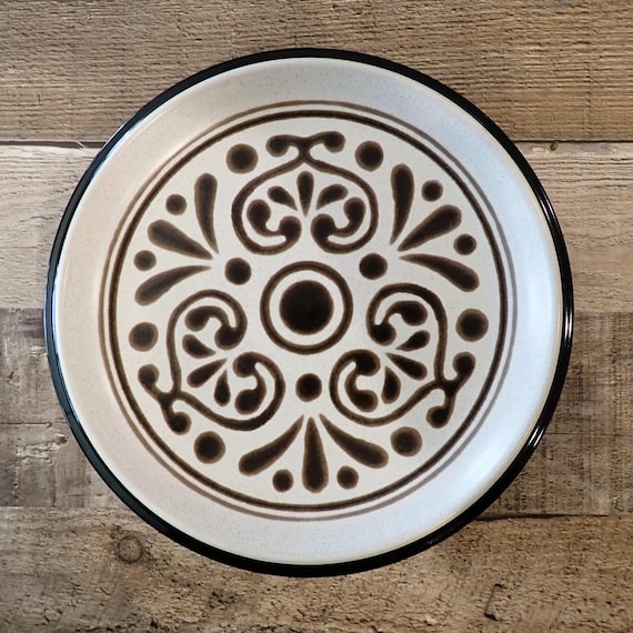 Vintage Noritake Folkstone NEW SANTA FE Salad Plate Set of 4 White Black Brown Stoneware Mid Century Modern Southwestern