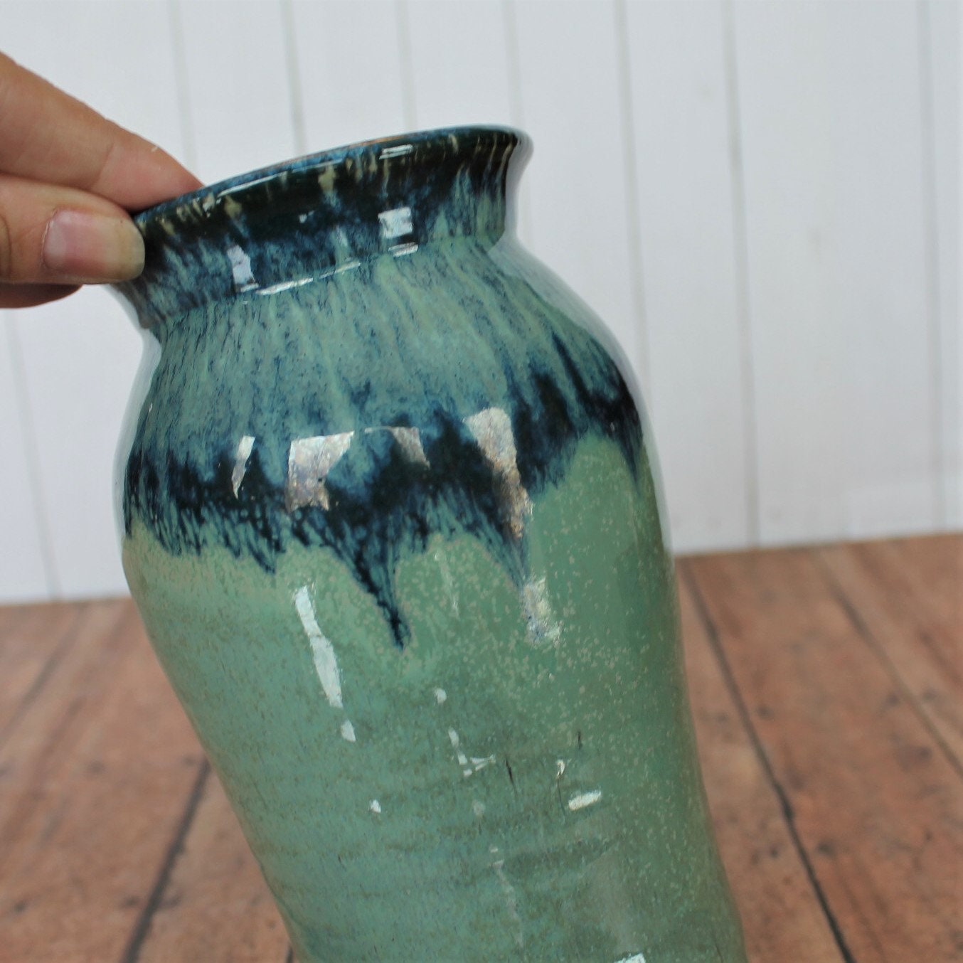 Vintage Lakeside Pottery Stoneware Pottery Vase Blue and White Drip