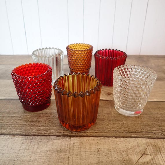 Vintage Mismatched Glass Votive or Tealight Christmas Candle Holder Set of 6 Clear Red Amber Hobnail Mix and Match Set