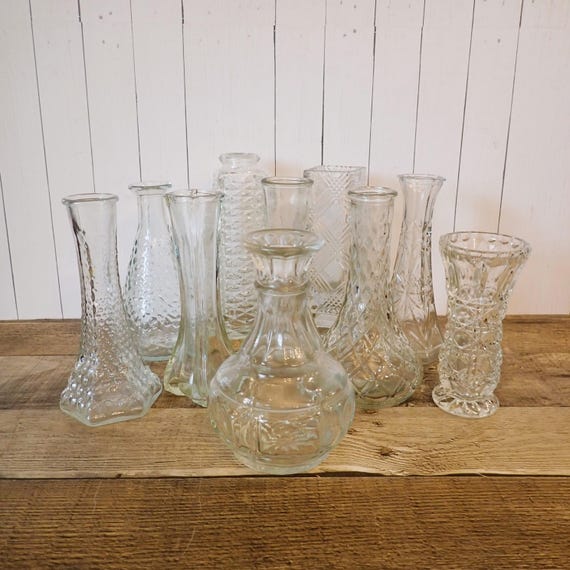 Vintage Clear Glass Bud Vase Set of 10 Vases All Different Patterns Wedding Vases