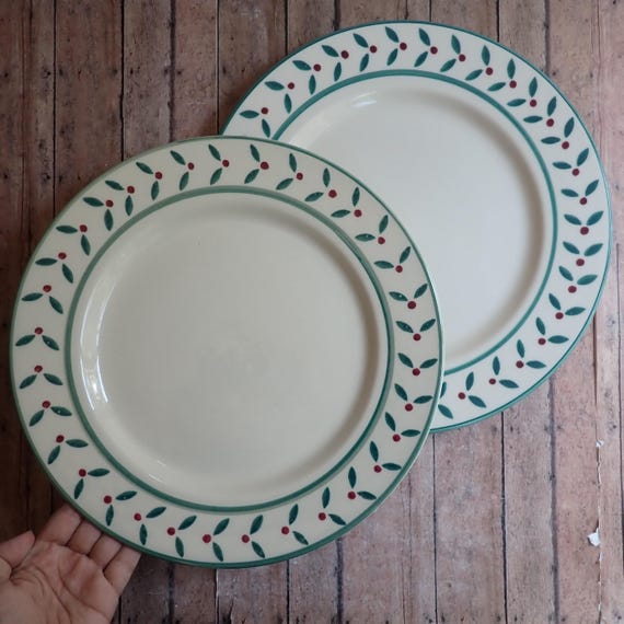 Vintage HARTSTONE Pottery Holly and Berries 12" Chop Serving Plate Set of 2 Platters White Stoneware with Green Leaf Red Berry Design