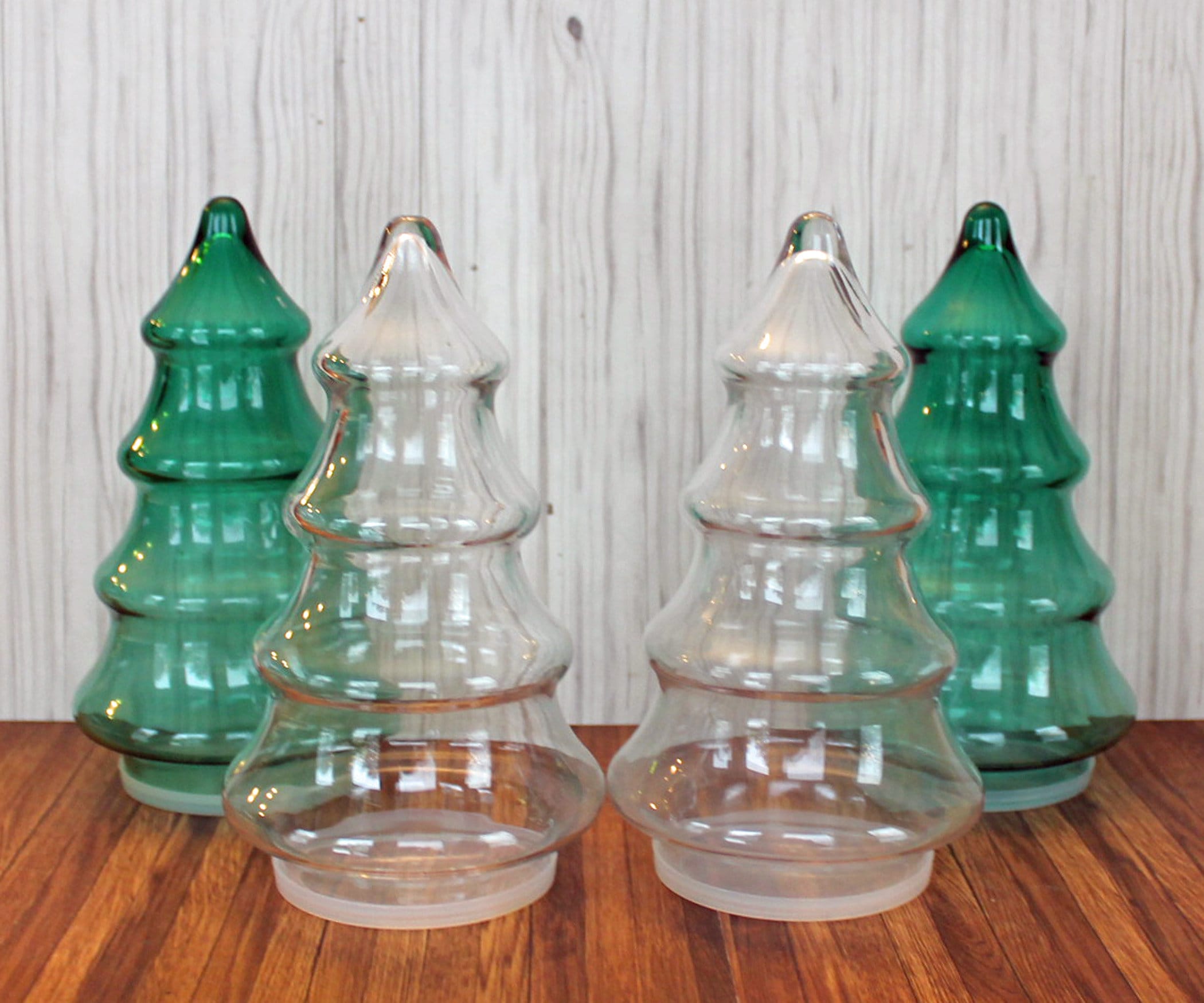 Vintage Clear and Green Glass Christmas Tree Canister Jar Container