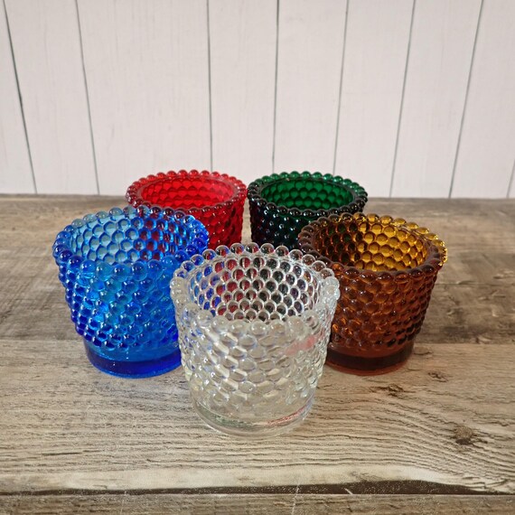 Vintage Mismatched Glass Votive or Tealight Christmas Candle Holder Set of 5 Blue Red Green Amber Clear Hobnail Mix and Match Set