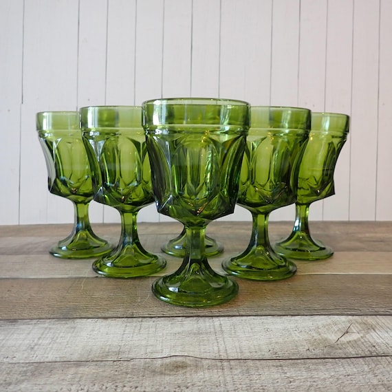 Vintage Anchor Hocking FAIRFIELD Avacado Green On The Rocks Glass Goblet Set of 6 Drinking Glasses Wine Glass