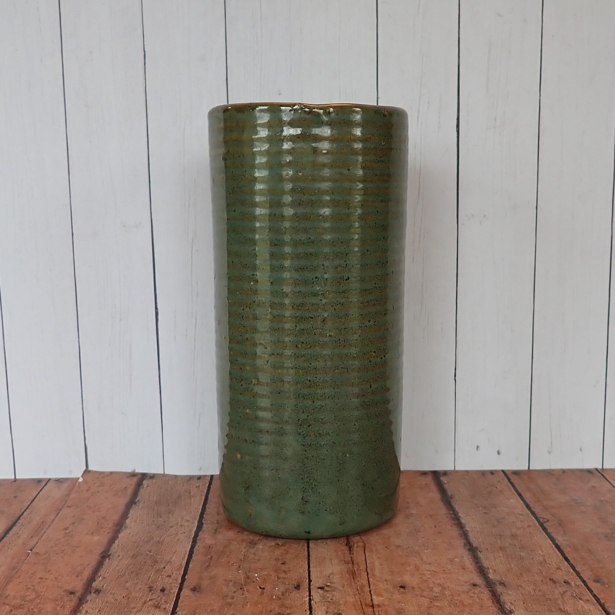 Vintage Zanesville Stoneware Planter Vase Stoneage Modern Green Ribbed