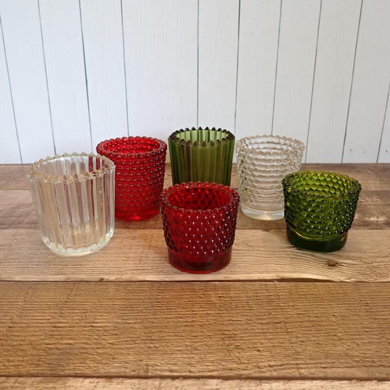 Vintage Glass Votive or Tealight Christmas Candle Holder Set of 6 Red Green Clear Hobnail Mix and Match Set