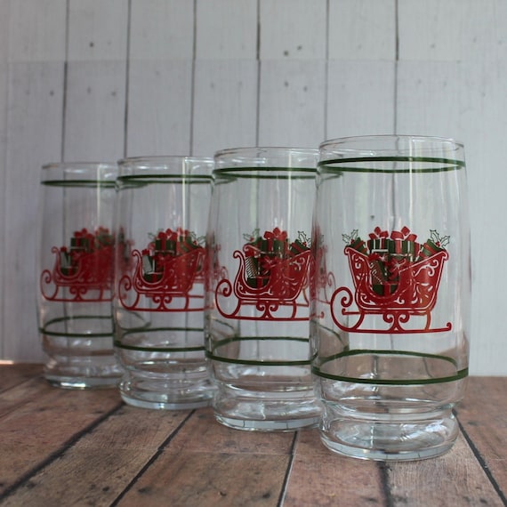 Vintage Christmas Tumbler Set of 4 Clear Glass with Red Sleigh Design