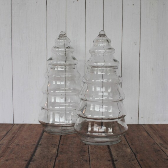 Vintage Clear Glass Tall Christmas Pine Tree Jar Canister Set of 2 Matching Candy Dish