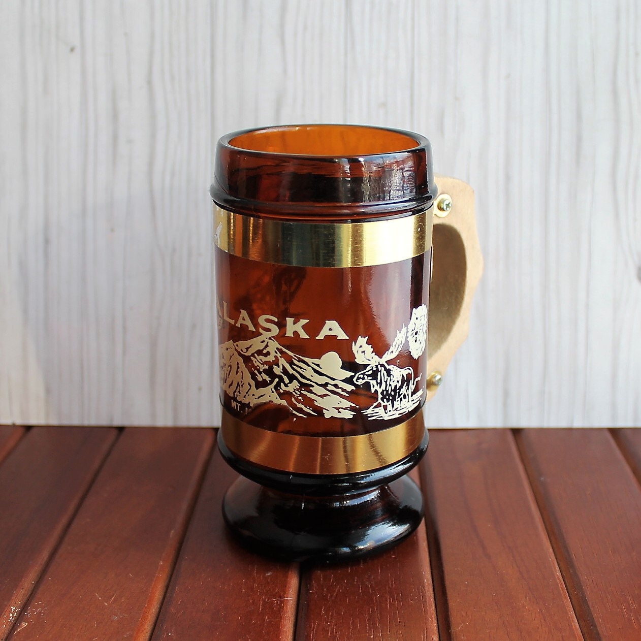 Vintage Alaska Souvenir Mug Amber Glass Beer Mug Stein with Wood Handle Siesta Ware