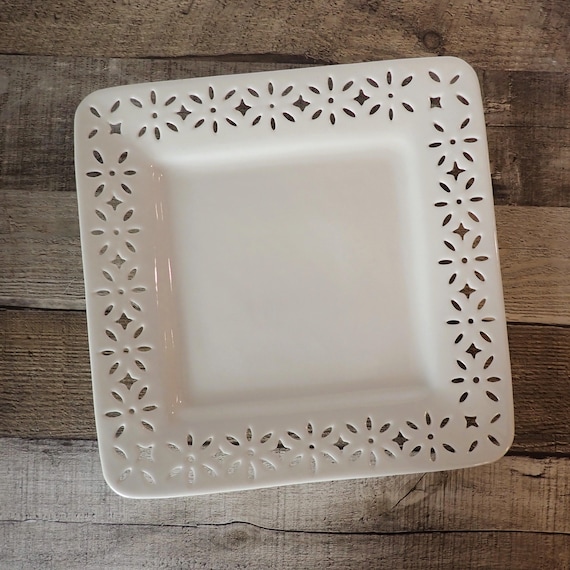 Twos Company 10" Square White Ceramic Plate with Lattice Design Cookie Tray