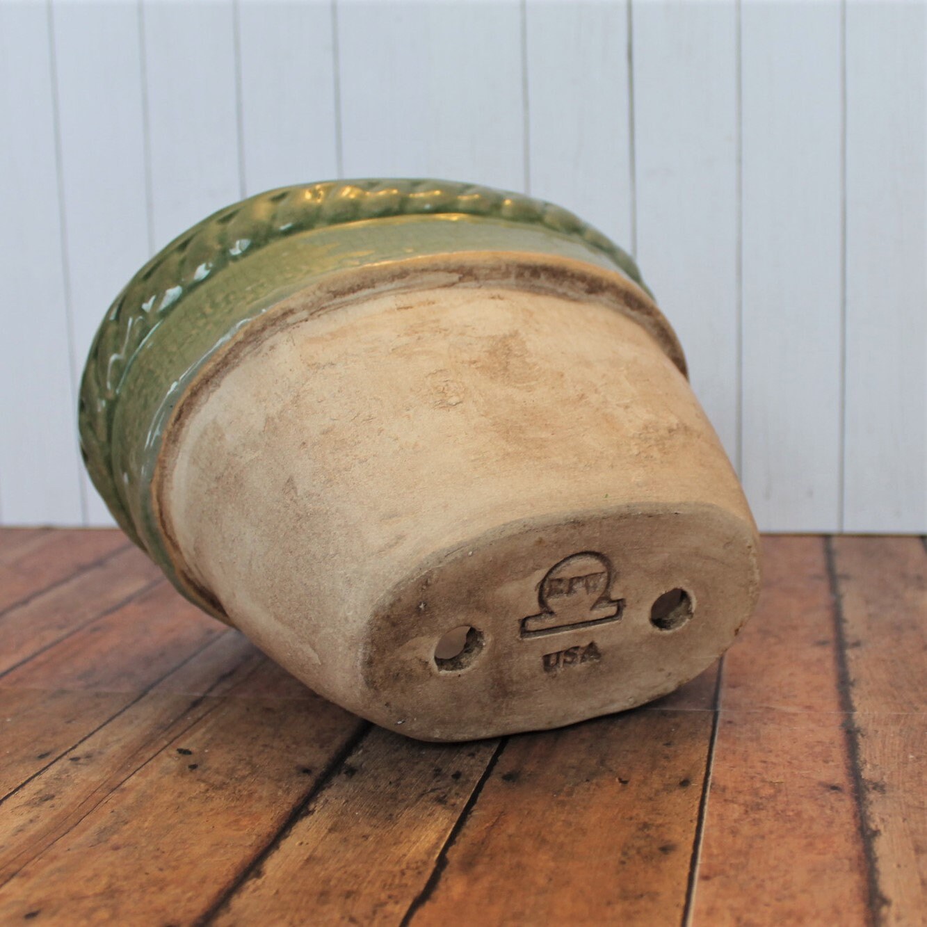 Vintage Rowe Pottery Works Stoneware Planter Flower Pot Tan with Green