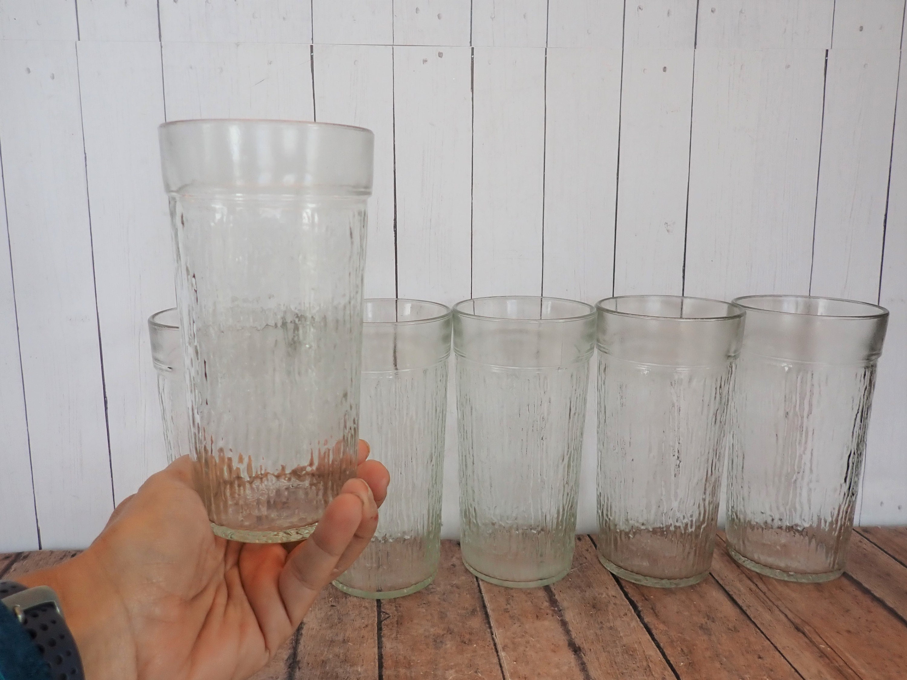 Vintage KERR Clear Glass Jelly Jar Style Tumbler Glasses Set of 6 Clear  Drinking Glass Ribbed Textured Bark Design 16 Oz. Glasses 