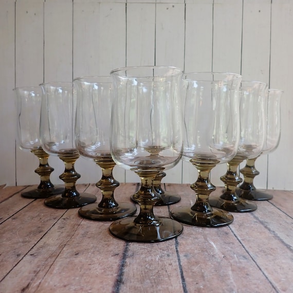 Vintage Libbey Glass TULIP BROWN Wine Glass Set of 8 Small Goblets Clear with Brown Stem