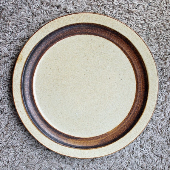 Vintage POTTERY CRAFT USA Stoneware 12" Chop Plate Charger Tan with Brown Bands