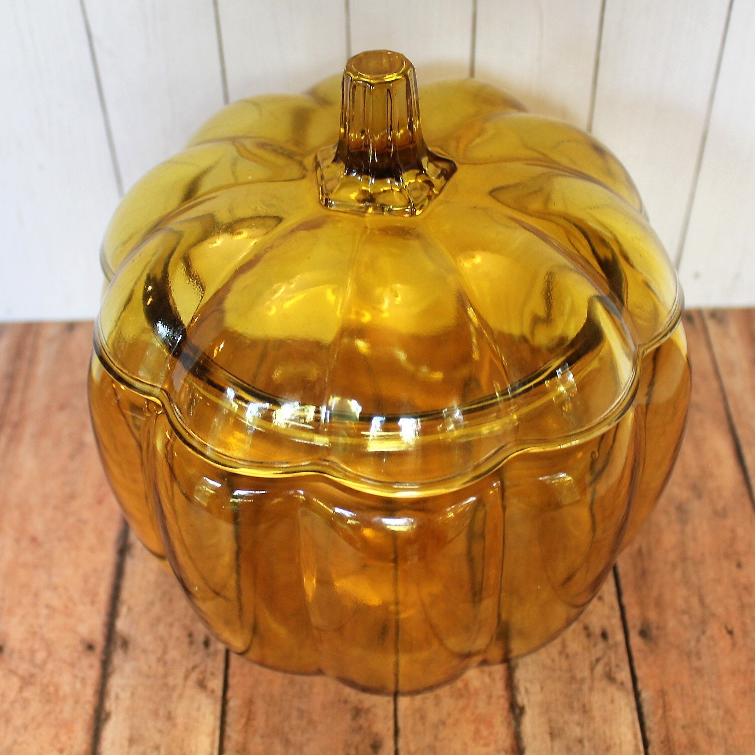 Vintage Large Glass Pumpkin Canister Bowl Candy Dish with Lid Yellow