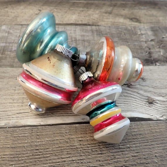 Vintage Shiny Brite Mercury Glass UFO Lantern Shaped Christmas Ornaments Set of 5 USA Blue Silver Gold Orange Retro Modern