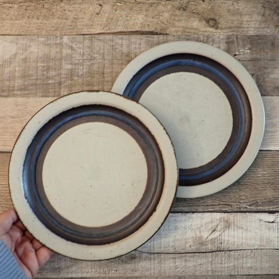 Vintage Otagiri HORIZON Salad Plates Set of 2 Gray Stoneware with Blue Brown Striped Bands