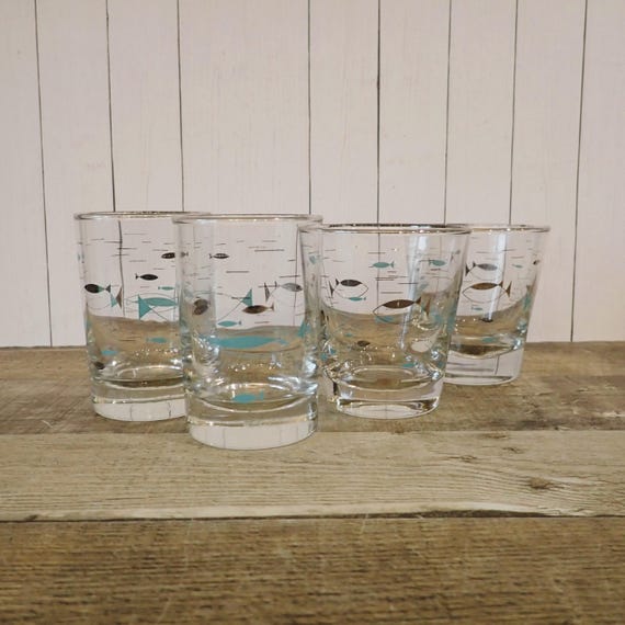 Vintage Libbey Mediterranean 5 oz. and 6 oz. Flat Tumblers Set of 4 Clear Glasses with Blue and Silver Atomic Fish Design Mid Century Modern