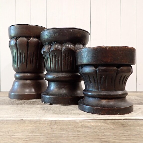 Vintage Wooden Carved Candlestick Set of 3 Graduated Sizes Chunky Wood with Tiki Tribal Design Brown Candle Stick Holder