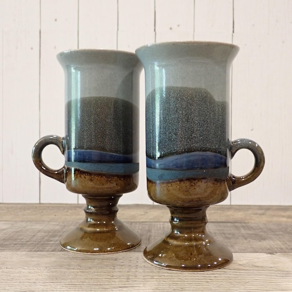 Vintage OTAGIRI Irish Coffee Mugs Set of 2 Brown and Blue Footed Pedestal Mugs with Wavy Banded Design Stoneware Modern Mug