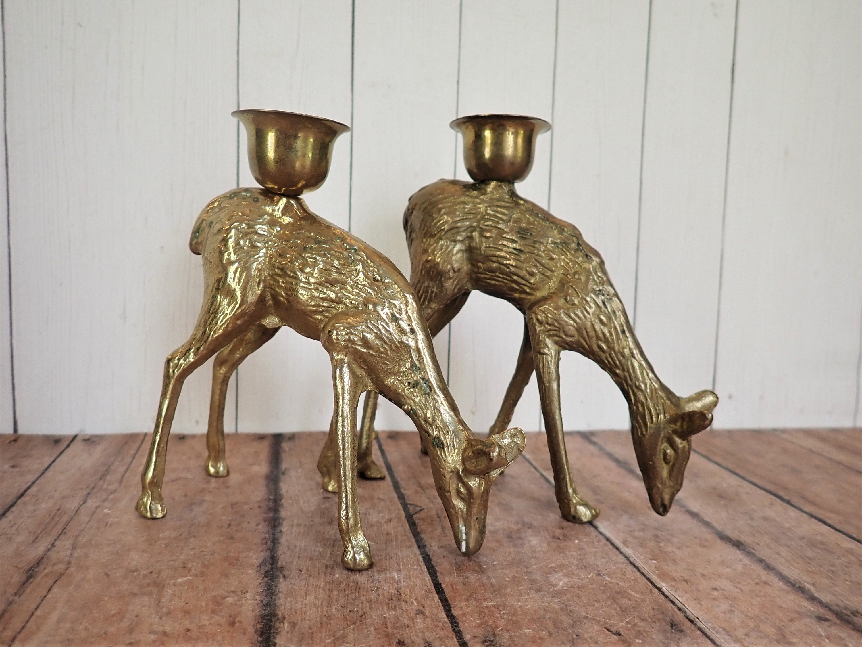 Vintage Brass Deer Candle Holder Set of 2 Figurine Statue