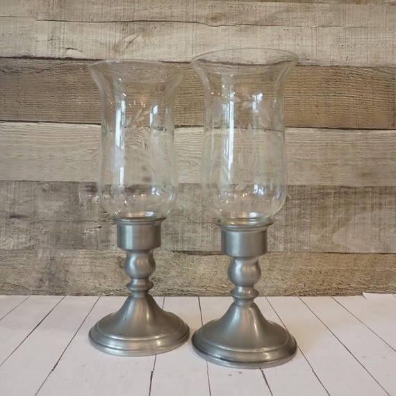 Vintage Pair of Silver Web Pewter Candlesticks with Etched Glass Hurricanes Set of 2 Taper Candle Holder