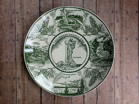 Vintage Yellowstone National Park Souvenir Plate Green and White with Park Scenes Old Faithful Falls Hot Springs ENCO American Ironstone