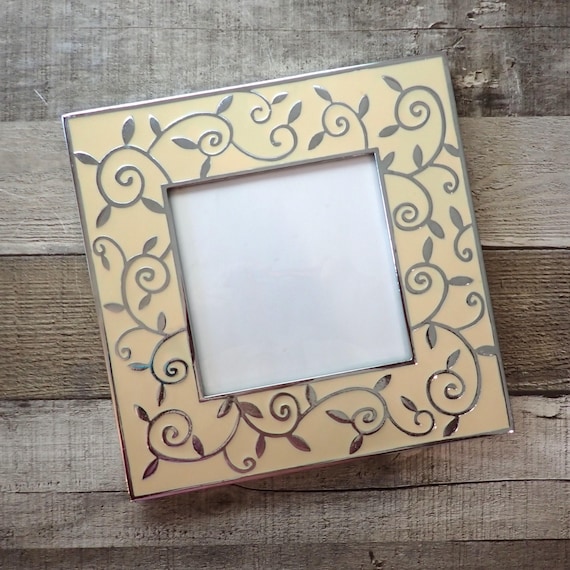 Vintage Silver Metal and Cream Enamel Photo Picture Frame 5x5 Vine and Leaf Design