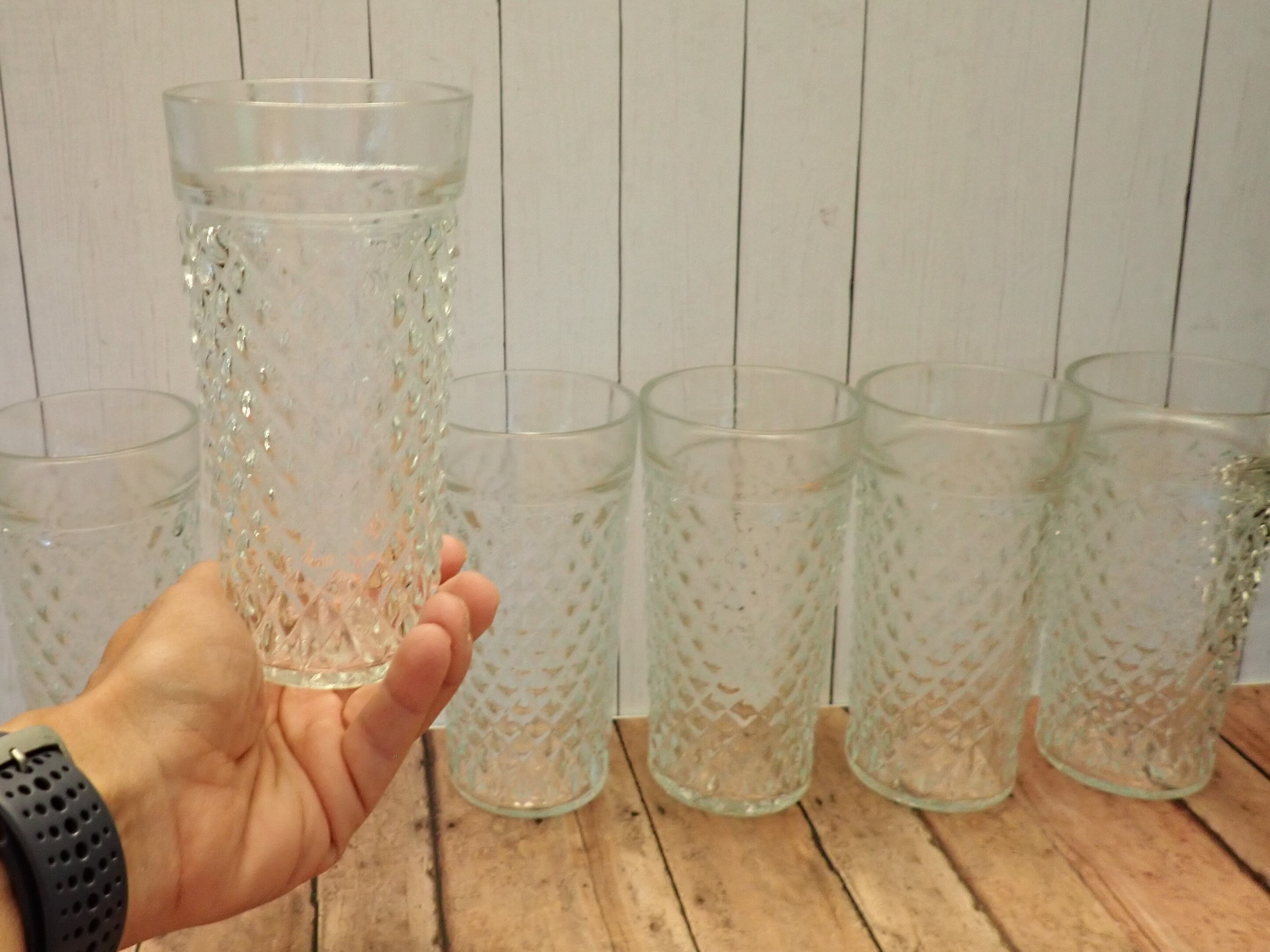 Vintage Clear Jelly Jar Tumblers Set of 8 with Diamond Pattern 12 oz