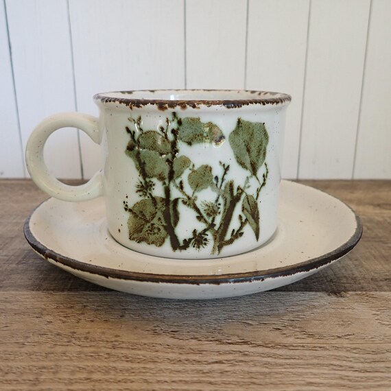 Vintage Midwinter GREEN LEAVES Cup and Saucer White and Green Leaf Stoneware Made in Japan