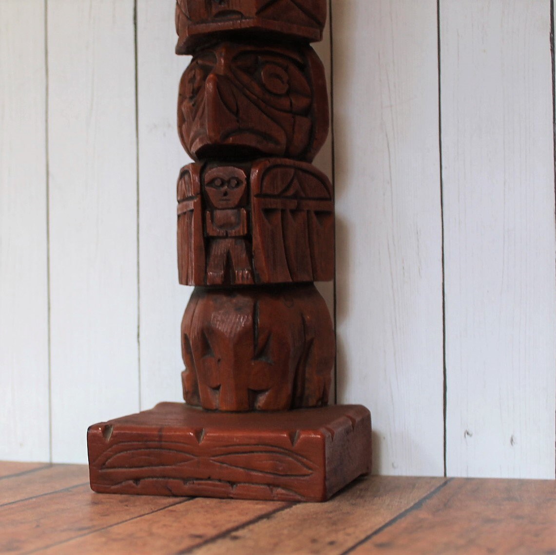 Vintage Faux Carved Wood Plastic Raven Totem Pole Figurine