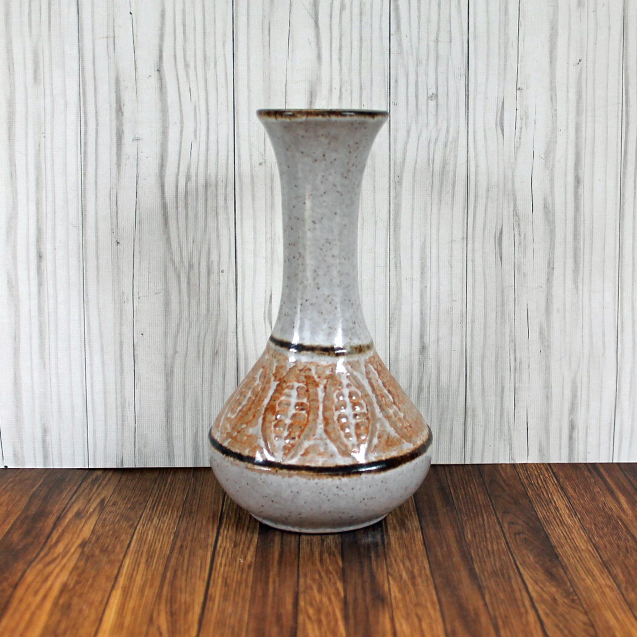 Vintage Pottery Craft USA Stoneware Bud Vase White with Brown Orange