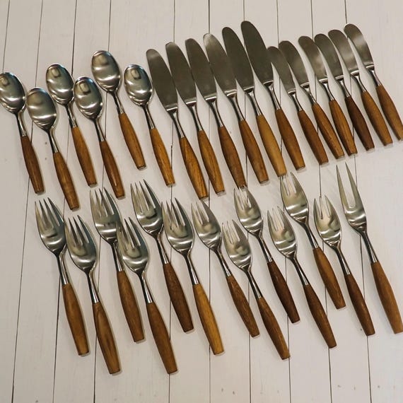 Vintage Dansk FJORD Germany Wooden Handle Flatware Silverware Set of 31 Silver with Smooth Modern Brown Teak Wood Handle