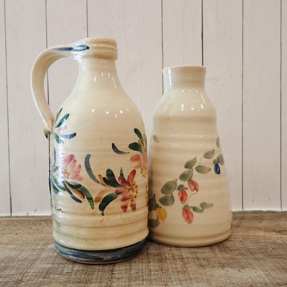 Vintage Stoneware Pottery Bottle Jug Vase Set of 2 White with Pink Flower and Green Leaf Design Barbara Conrad