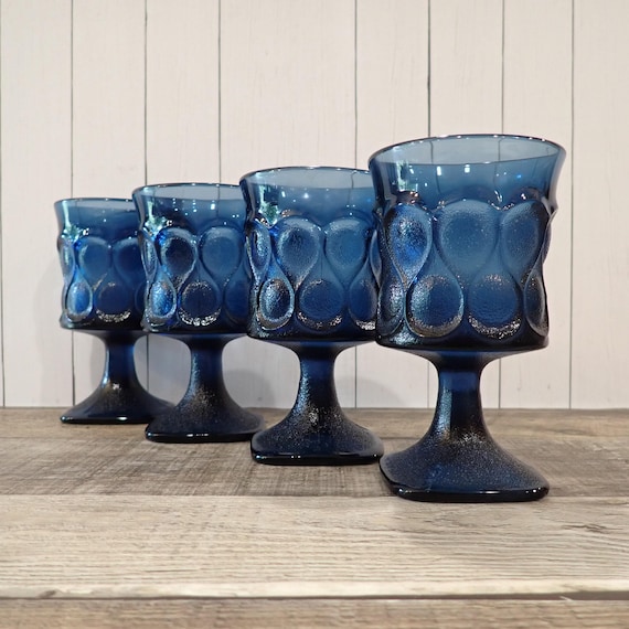 Vintage Noritake SPOTLIGHT Blue Wine Glass Goblet Set of 4 Mid Century Dot Design
