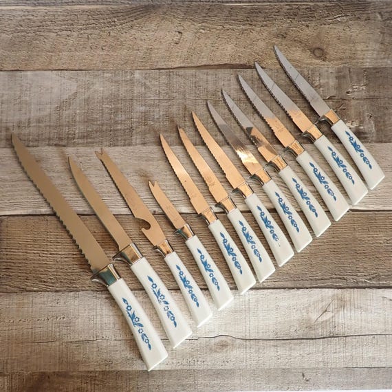 Vintage Lifetime Cutlery Knife Set of 12 with White and Blue Flower Cornflower Handle Sheffield England