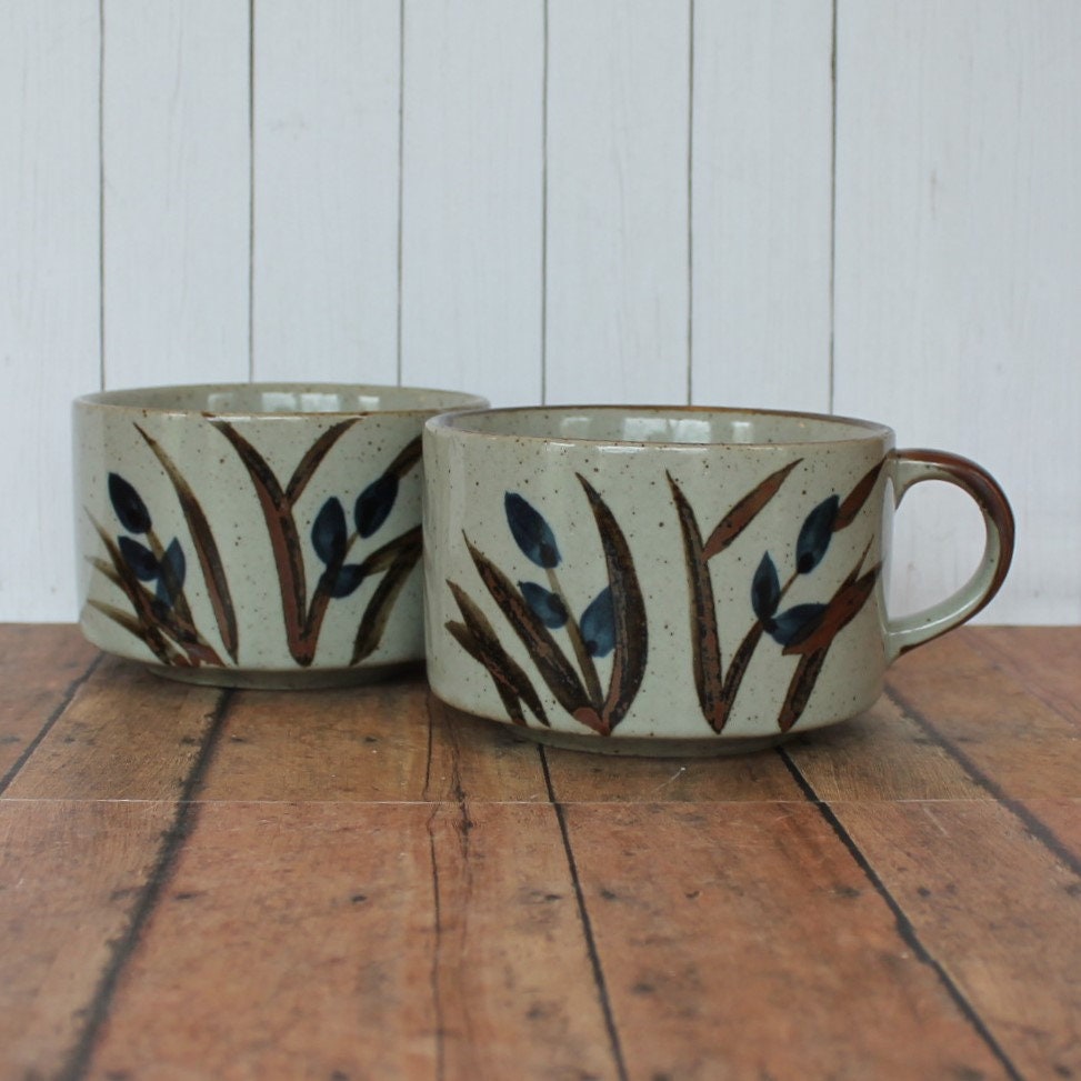 Vintage Stoneware Soup Bowl Mug with Handle Set of 2 Gray with Blue and