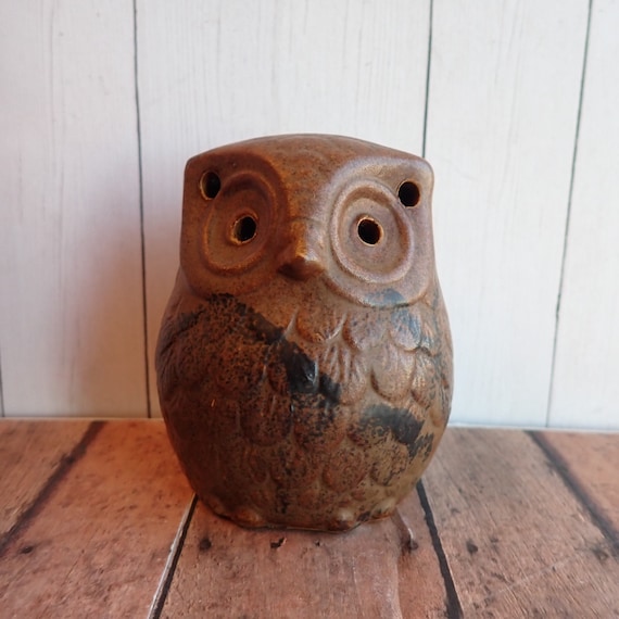 Vintage Stoneware Owl Tealight Candle Holder Luminary Lantern Brown Ceramic Small Owl Figurine Candleholder Mid Century Modern