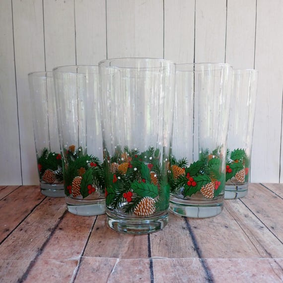 Vintage LIBBEY Christmas Tumbler Set of 6 Clear with Green Pinecone and Evergreen Design