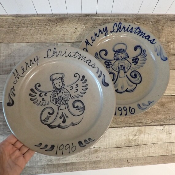 Vintage Rowe Pottery Works Stoneware Christmas 1996 Plate Set of 2 with Angel Gray Blue Salt Glazed Pottery