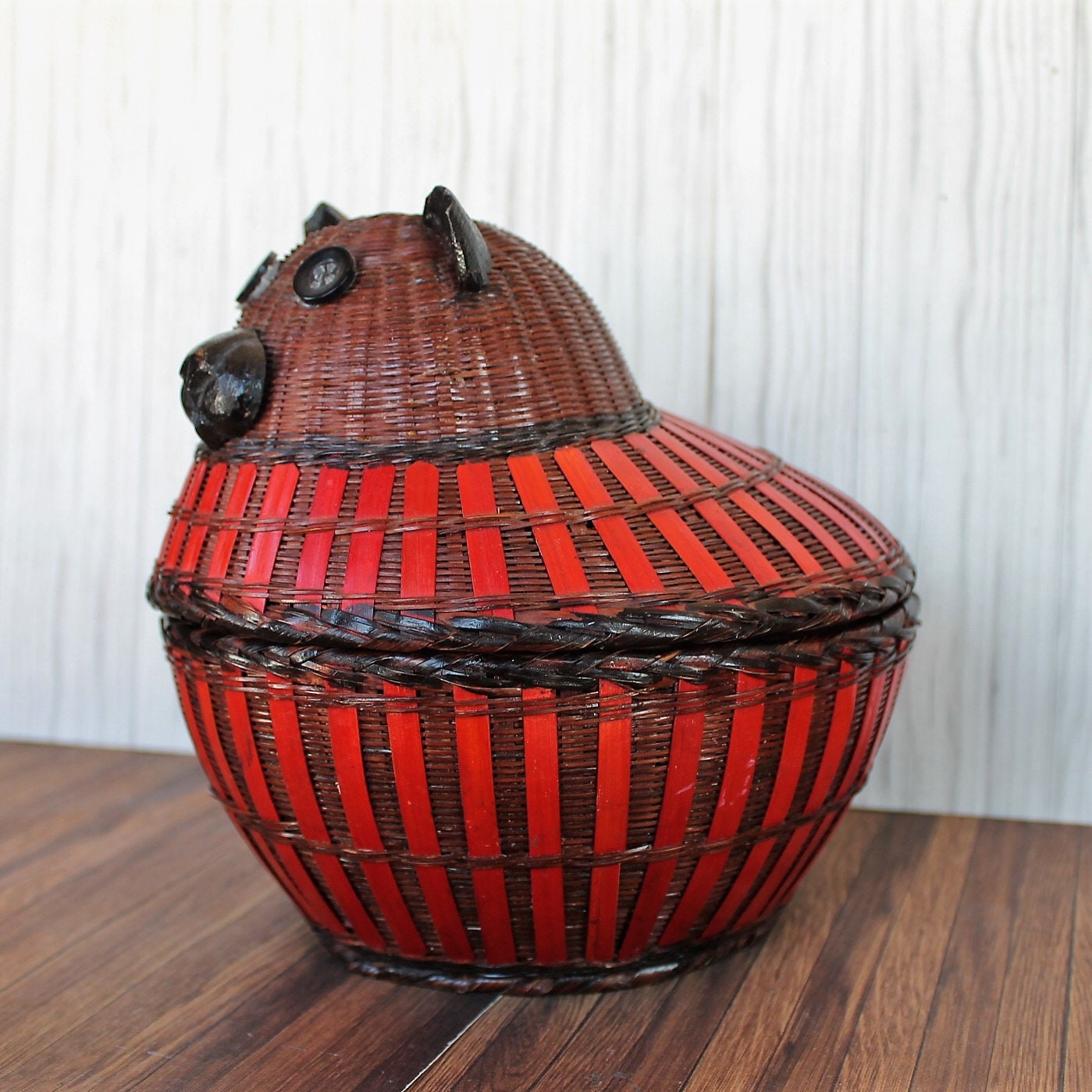 Vintage Woven Wicker Animal Bear Dog Basket Brown and Red Asian Basket