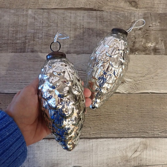 Large 6" Kugel Style Silver Pinecone Ornament Set of 2 Glass Christmas Ornaments