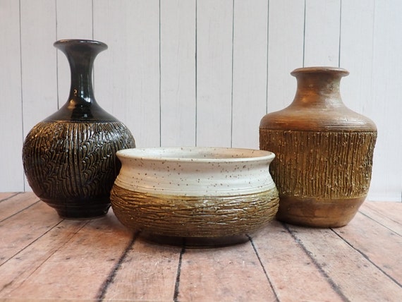 Vintage Stoneware Planter and Vase Set of 3 Handmade Pottery Gray Brown Tan White Rustic Etched Boho Decor